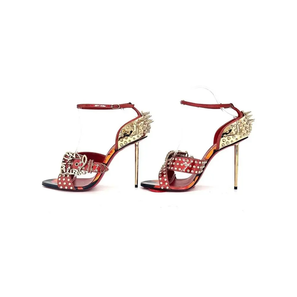 Christian Louboutin Wosandal Pic 100 Rodeo Fire Red Spike High Heel Sandals 39